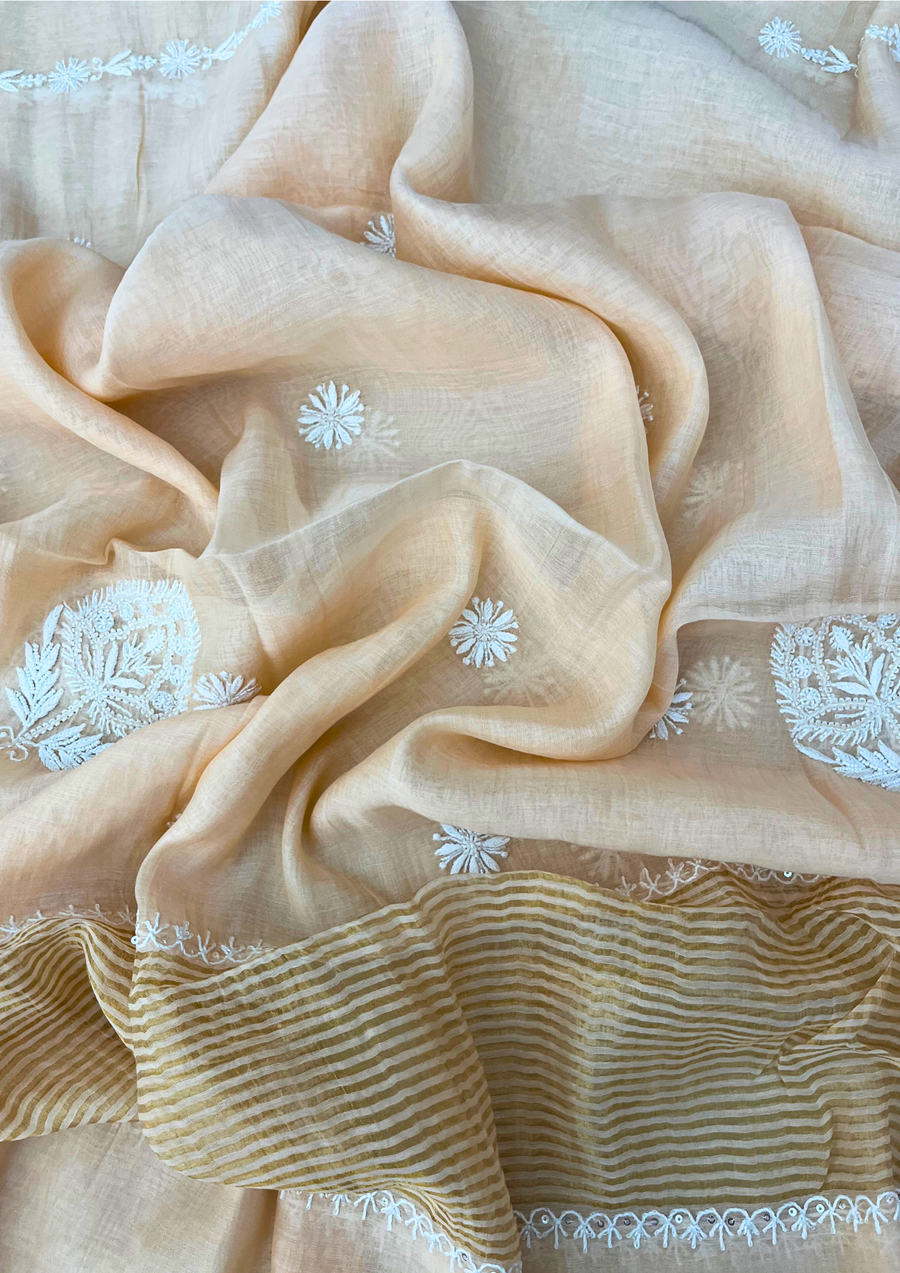 Chikankari Mul Chanderi Unstitched 2Pc Suit - Peach