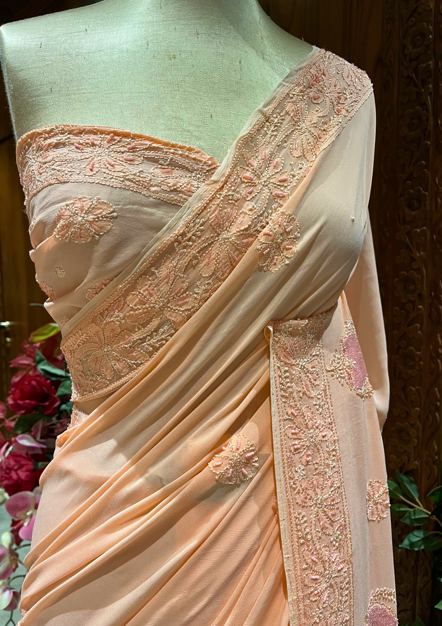 Chikankari Viscose Saree - Peach