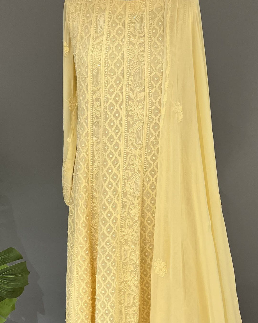 Vescose Georgette Chikankari stitch Anarkali - Dandellion Yellow