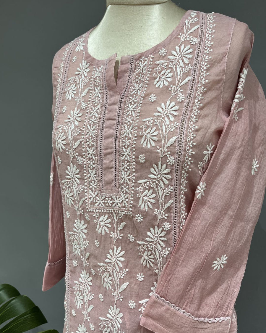 Chanderi Chikankari Co-ord Set - Rose Pink