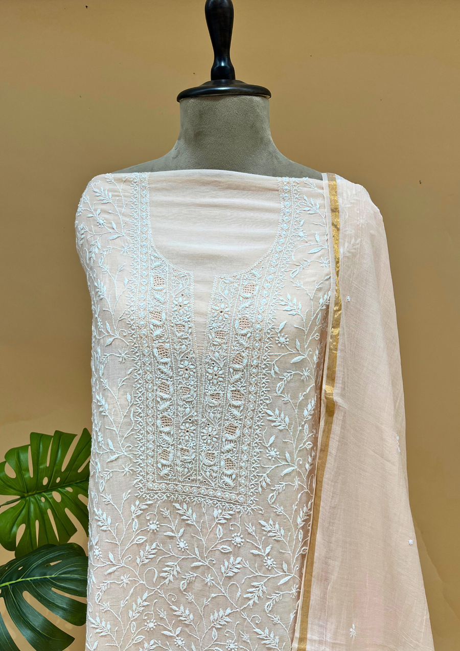 Chikankari Mul Chanderi Unstitched 2pc Suit - Peach Dust