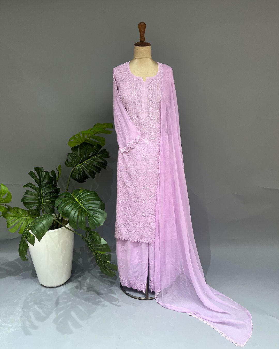 Muslin Chikankari Suit Set - Lavender