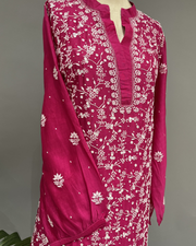 Chanderi Chikankari Co ord Set - Fuchsia Pink