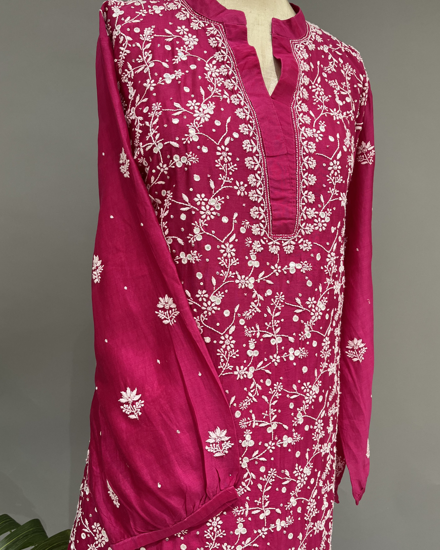 Chanderi Chikankari Co ord Set - Fuchsia Pink