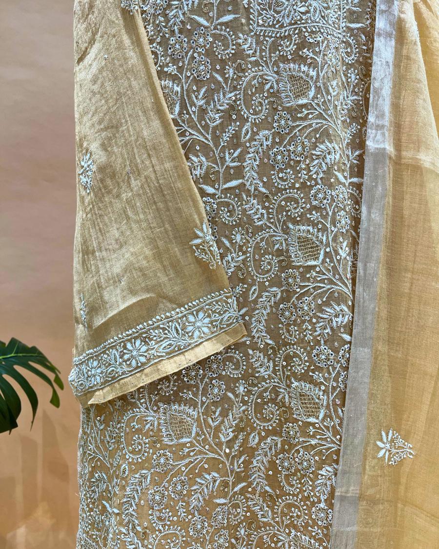 Chikankari Semistitched Tissue Straight Suit Set - Deep Champagne