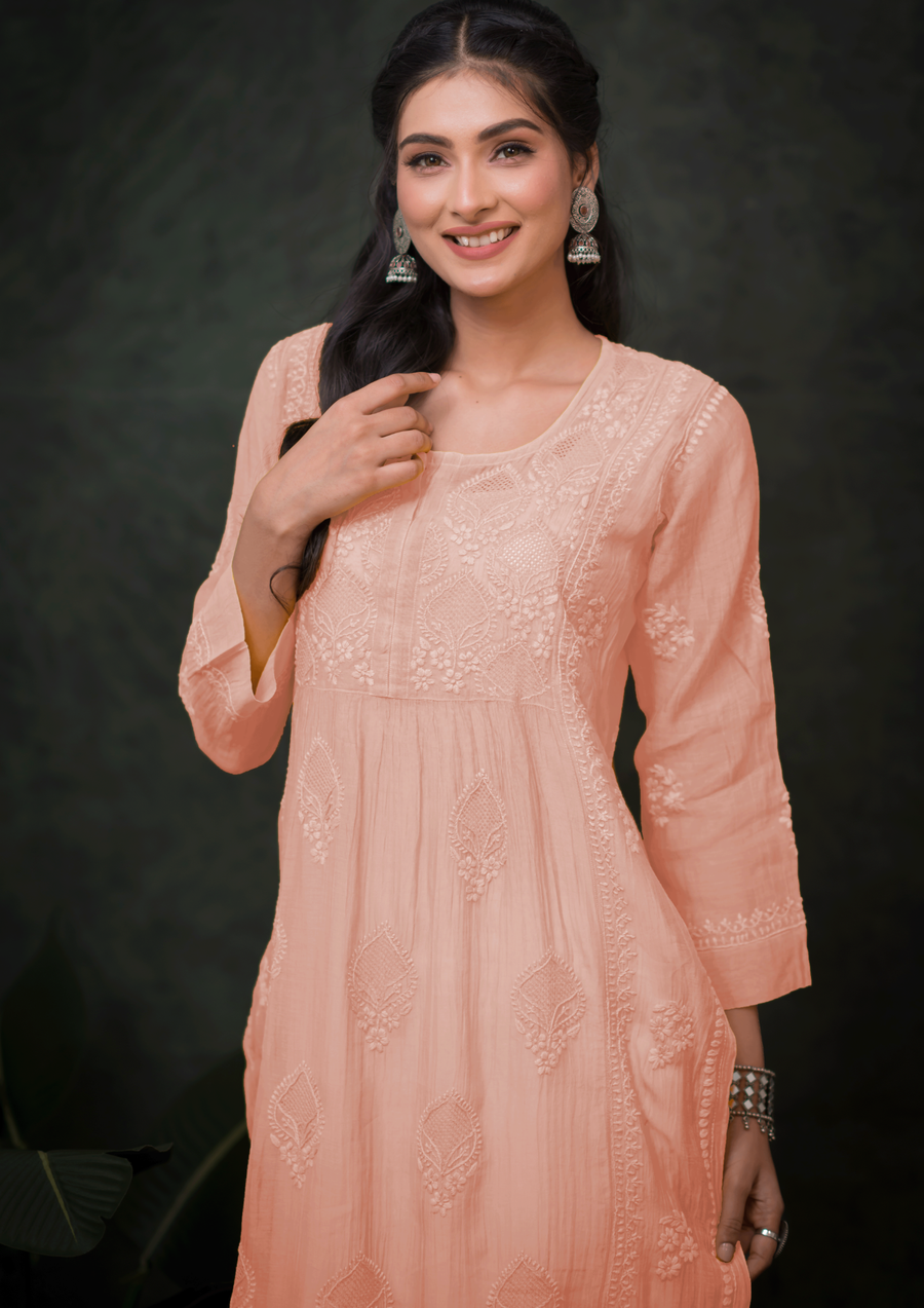 Mul Chikankari Long Kurti - Peach Nectar