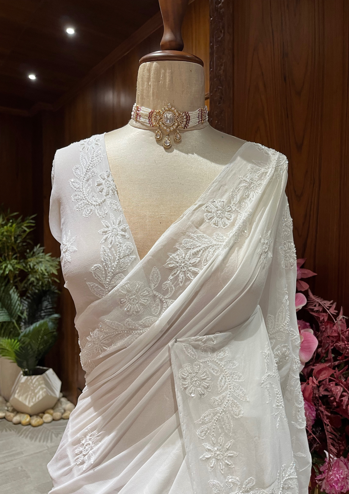 viscose Chikankari Saree - White