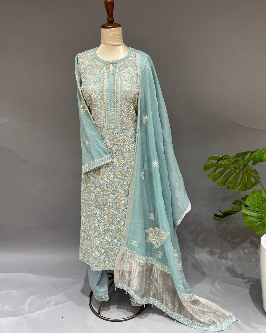 Tissue Chikankari 3pc Stitched Suit - Bermuda Blue