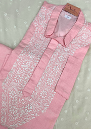 Cotton Chikankari Stitched Mens Kurta- Peachish Pink