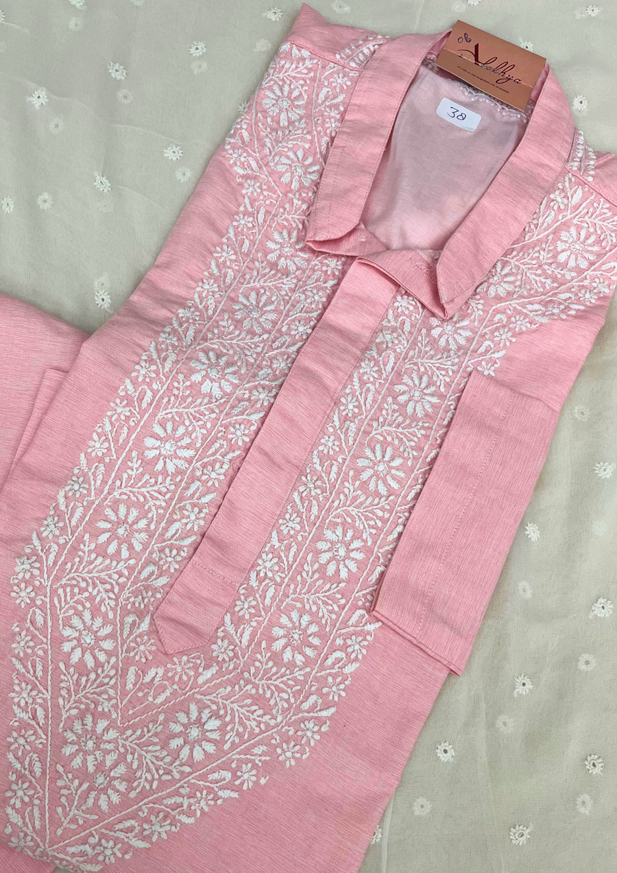 Cotton Chikankari Stitched Mens Kurta- Peachish Pink