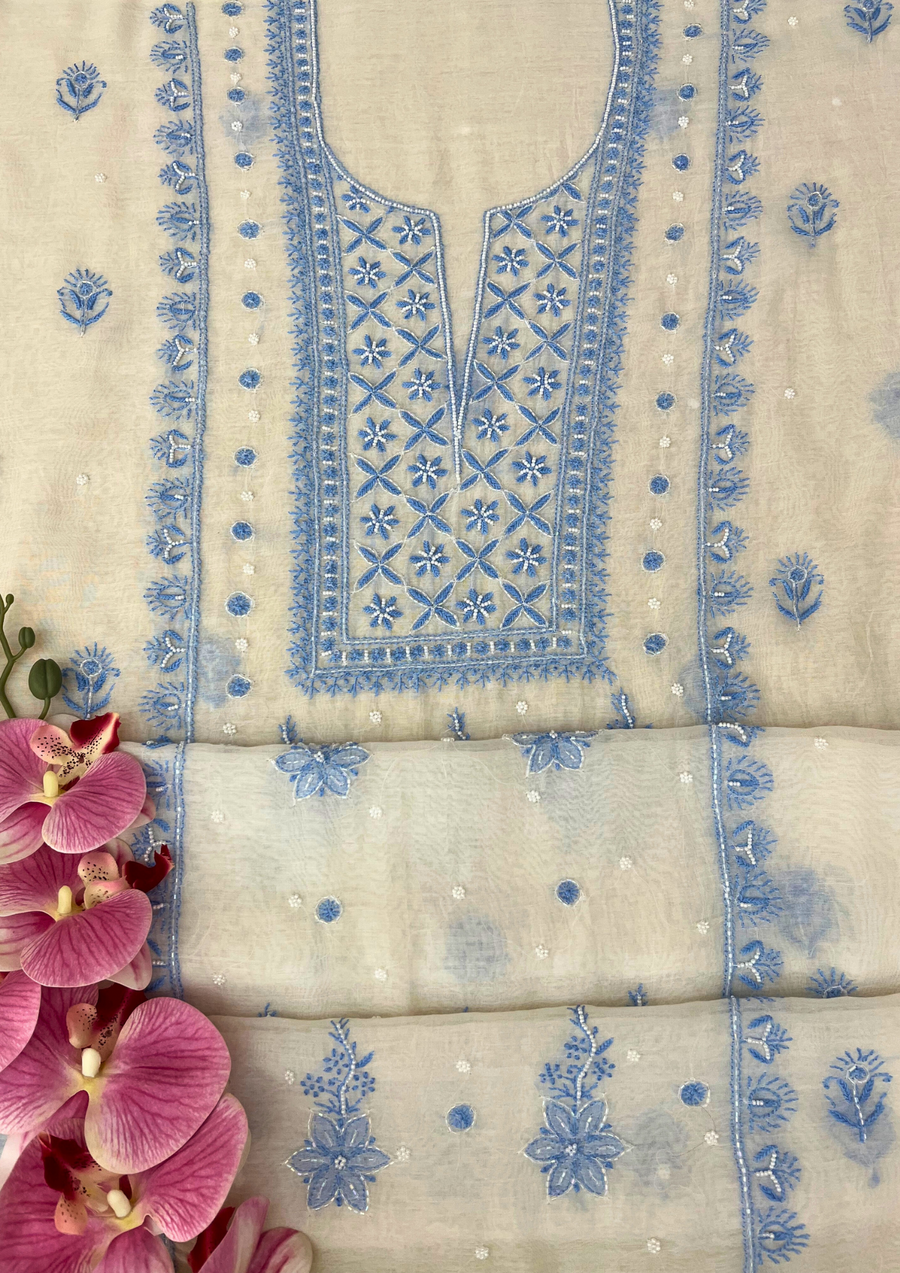 Chikankari Mul Chanderi Unstitched Suit - White and Blue