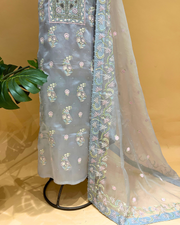 Organza Chikankari Unstitsched Kurta And Dupatta Set- Frost Blue