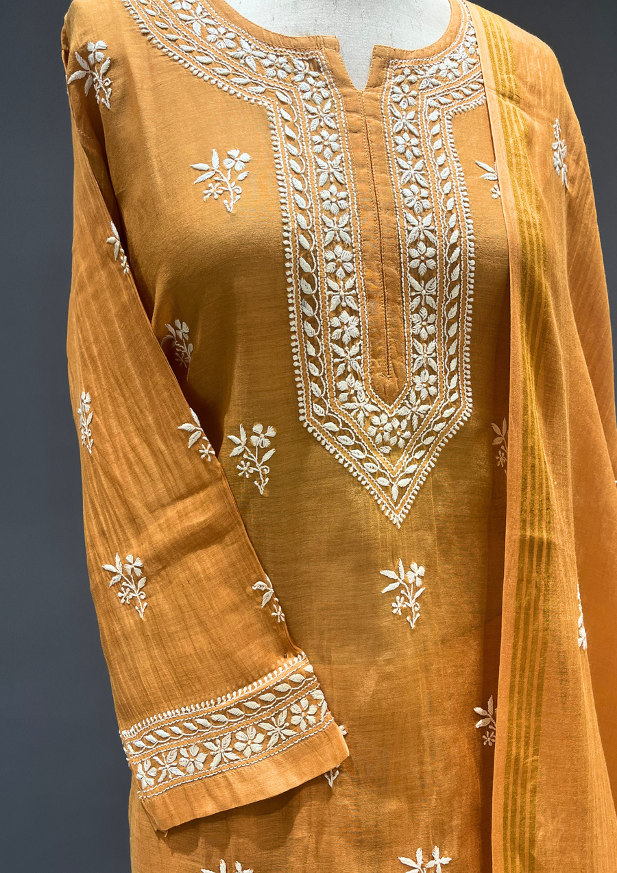 Chikankari Mul Chanderi Sharara Set - Sunset Orange
