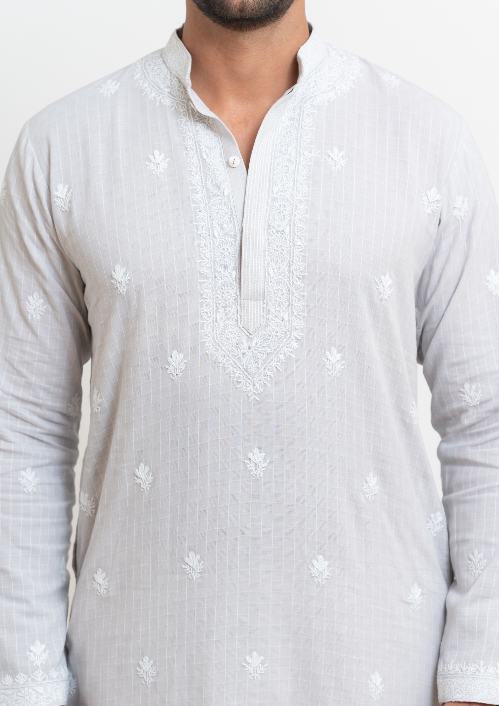 Cotton Chikankari Men's Kurta - Grey