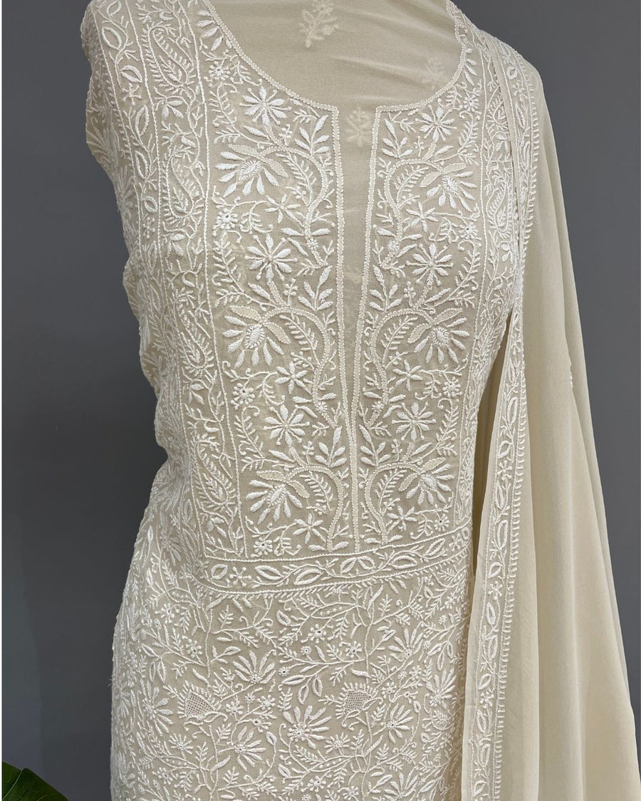 Pure Georgette Chikankari Unstitched 2pc Suit - Soft Beige