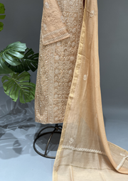 Chikankari Mul Unstitched Kurta & Dupatta - Gold Beige