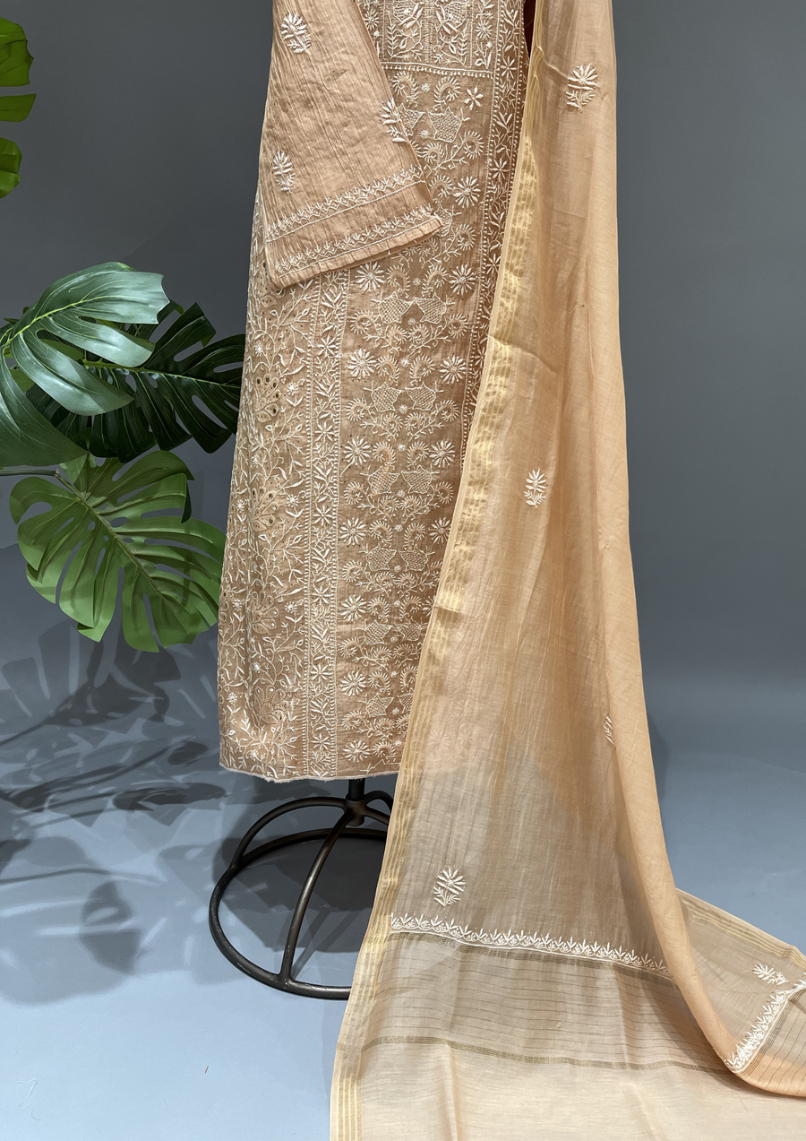 Chikankari Mul Unstitched Kurta & Dupatta - Gold Beige