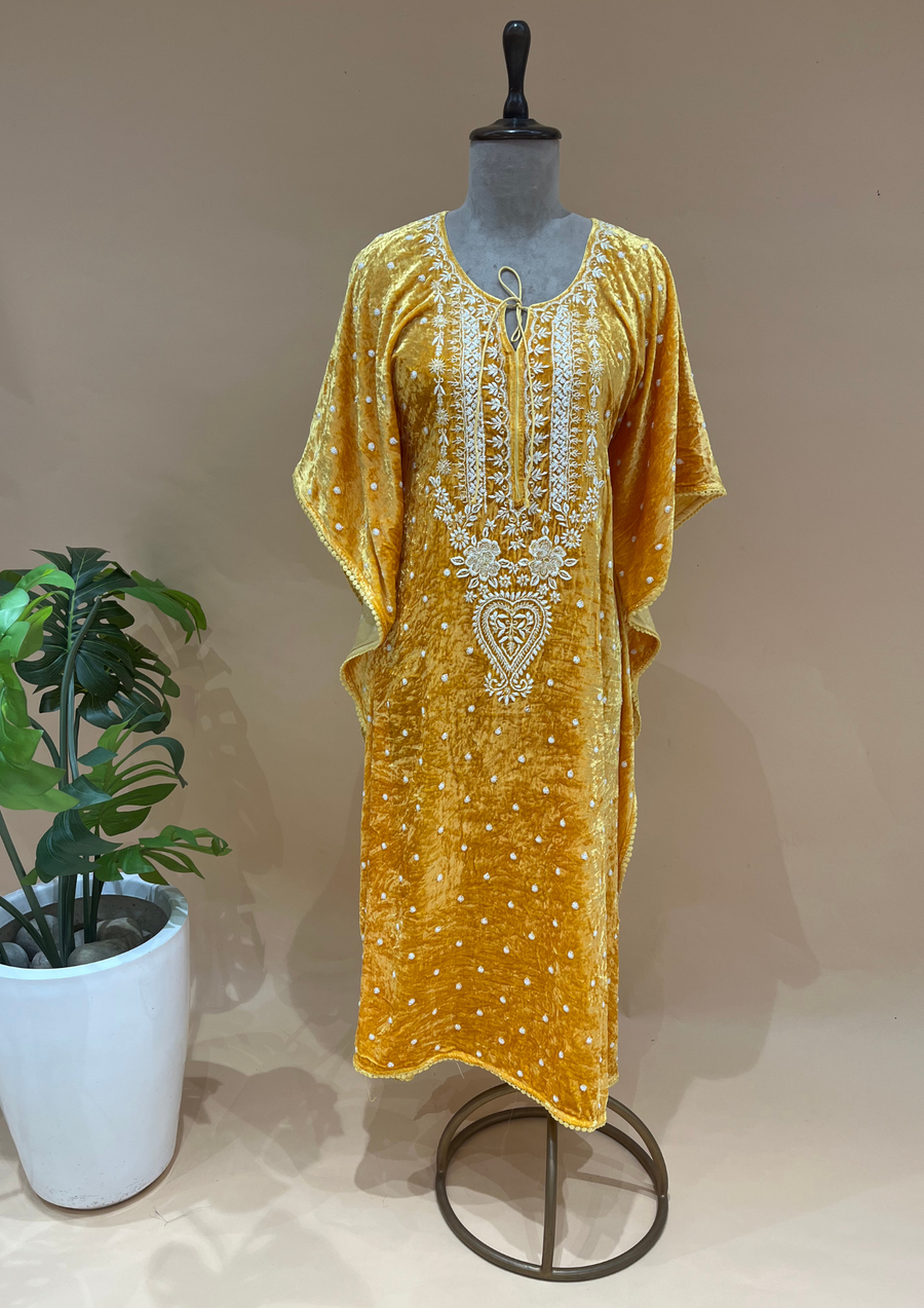 Velvet Chikankari Unstitched Kaftan - Sunshine Yellow
