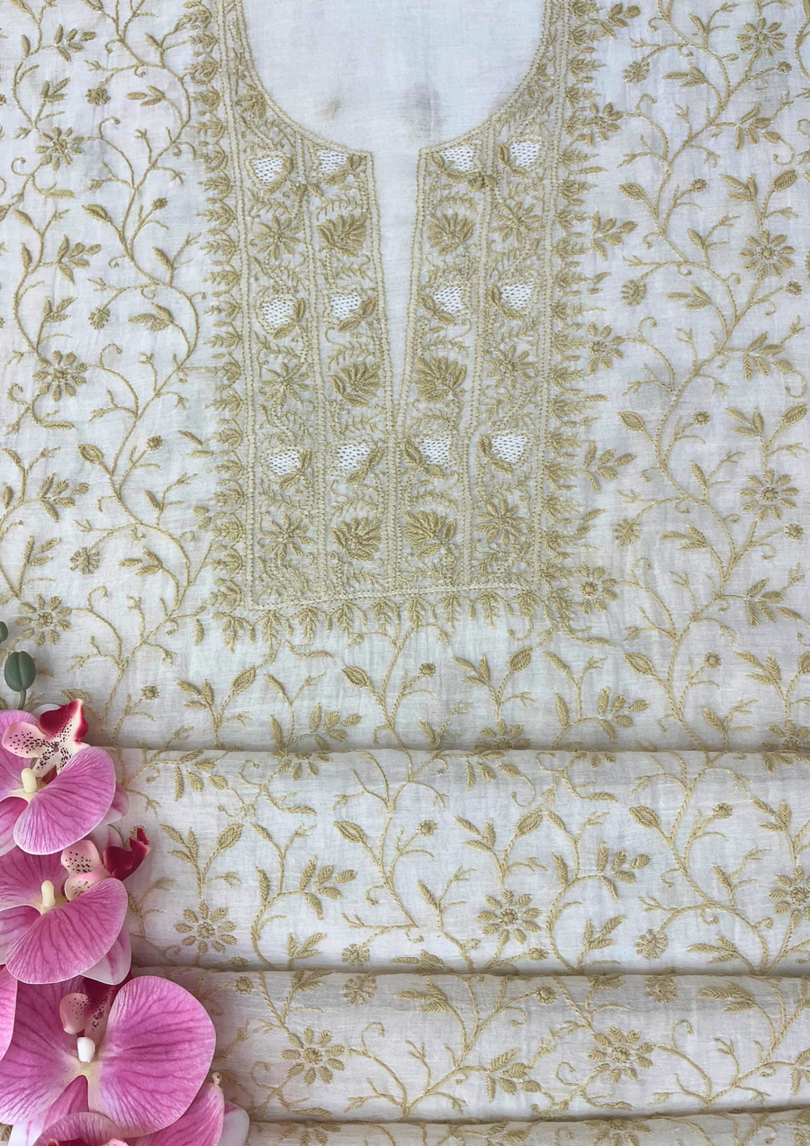 Chikankari Mul Chanderi Unstitched 2Pc Suit - White and Beige