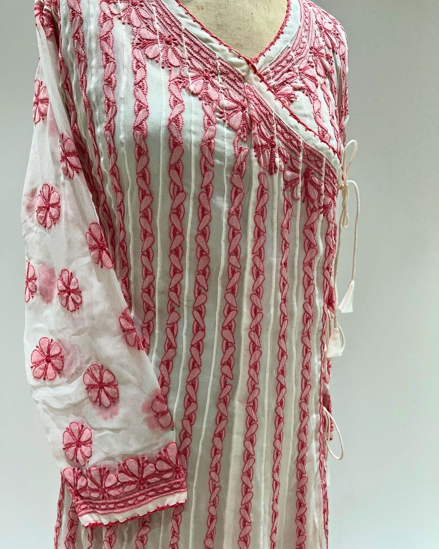 Georgette Anarkali Chikankari Kurta - White & Red