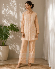 Maheshwari Chanderi Chikankari Co ord set - Dusty Peach