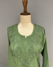 Cotton Chikankari Short Kurta - Asparagus