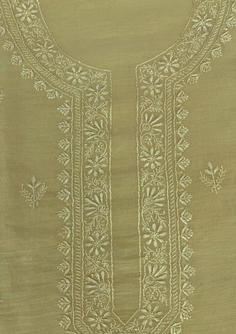 Chanderi Chikankari Unstitched Mens Kurta - Lime Yellow