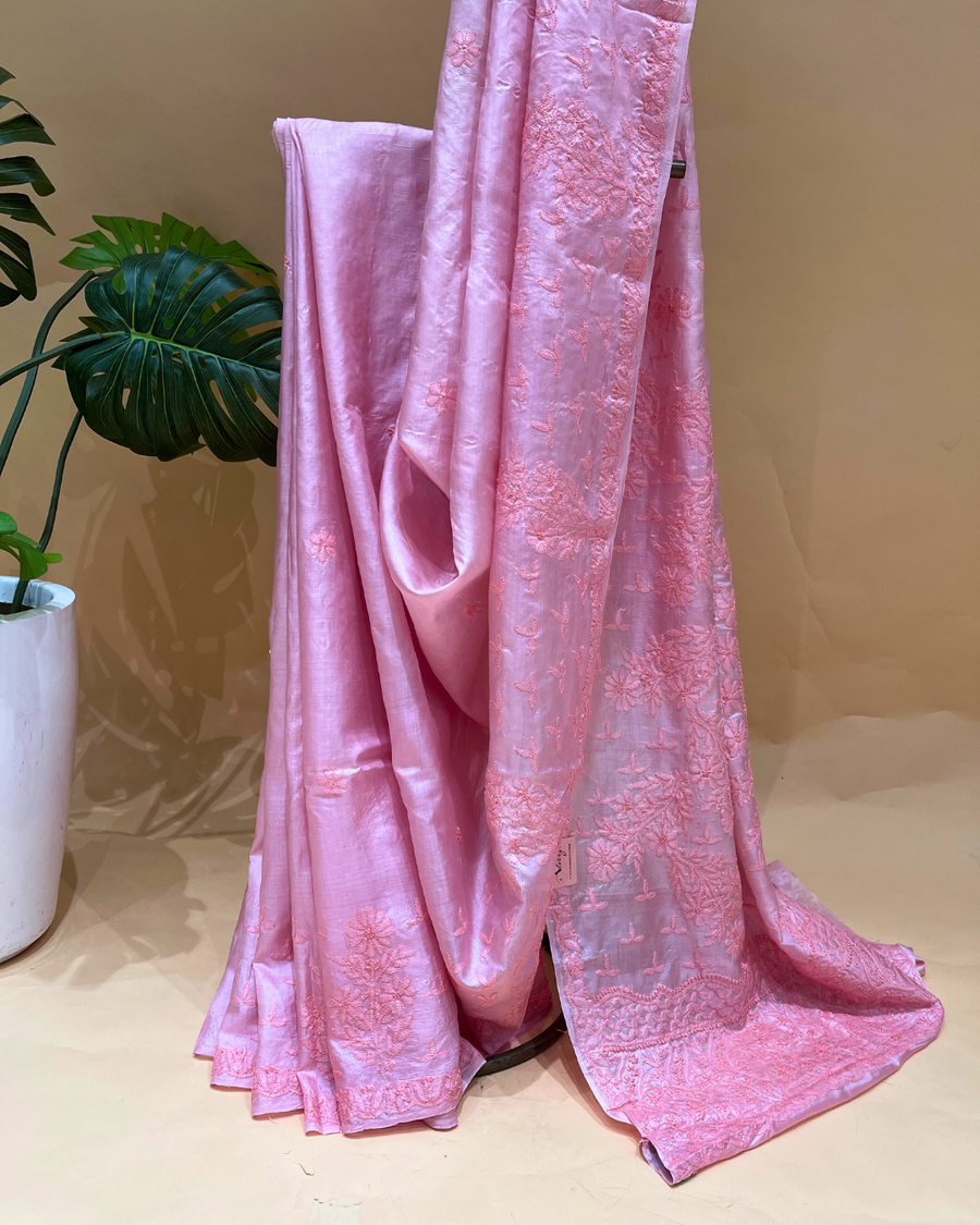 Chikankari Tussar Silk Saree - Baby Pink