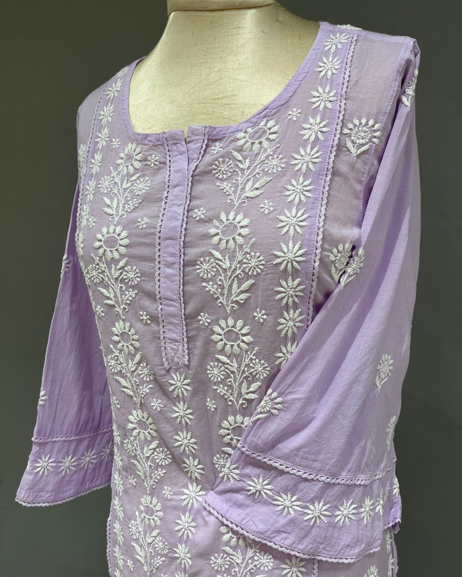 Mul Cotton Chikankari Long Kurti - Lavender