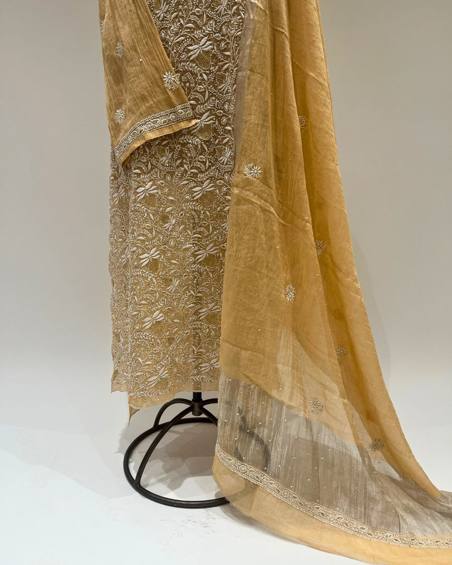Tissue Chikankari Unstitched 2pc Suit - Warm Honey