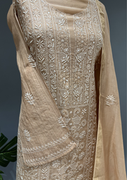 Chikankari Mul Unstitched Kurta & Dupatta - Gold Beige
