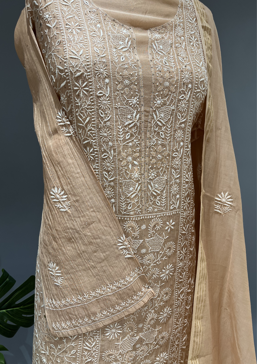 Chikankari Mul Unstitched Kurta & Dupatta - Gold Beige