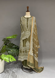 Tissue Chikankari Stitch A-Line Suit Set - Army Green
