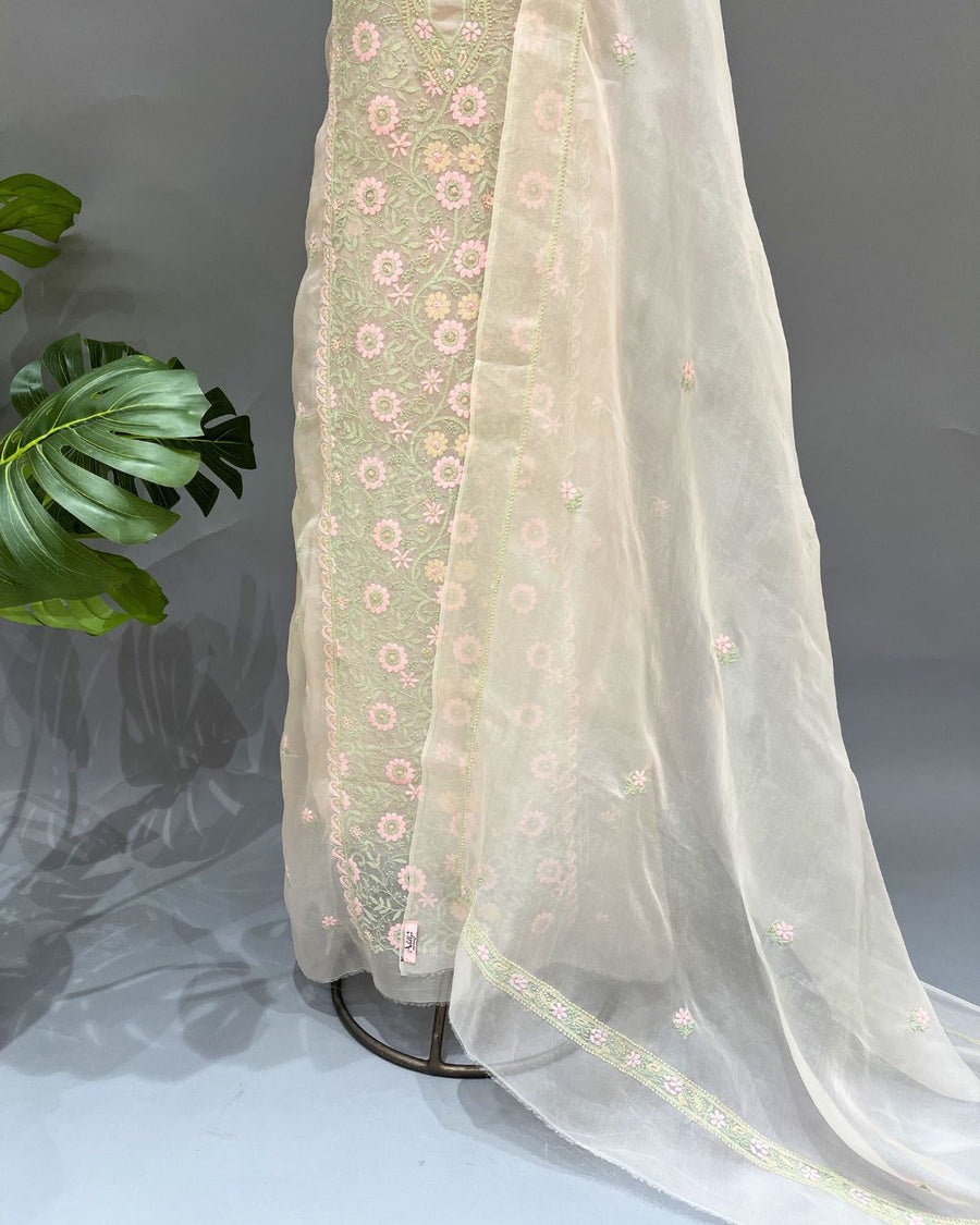 Chikankari Organza Unstitched Suit - Peach