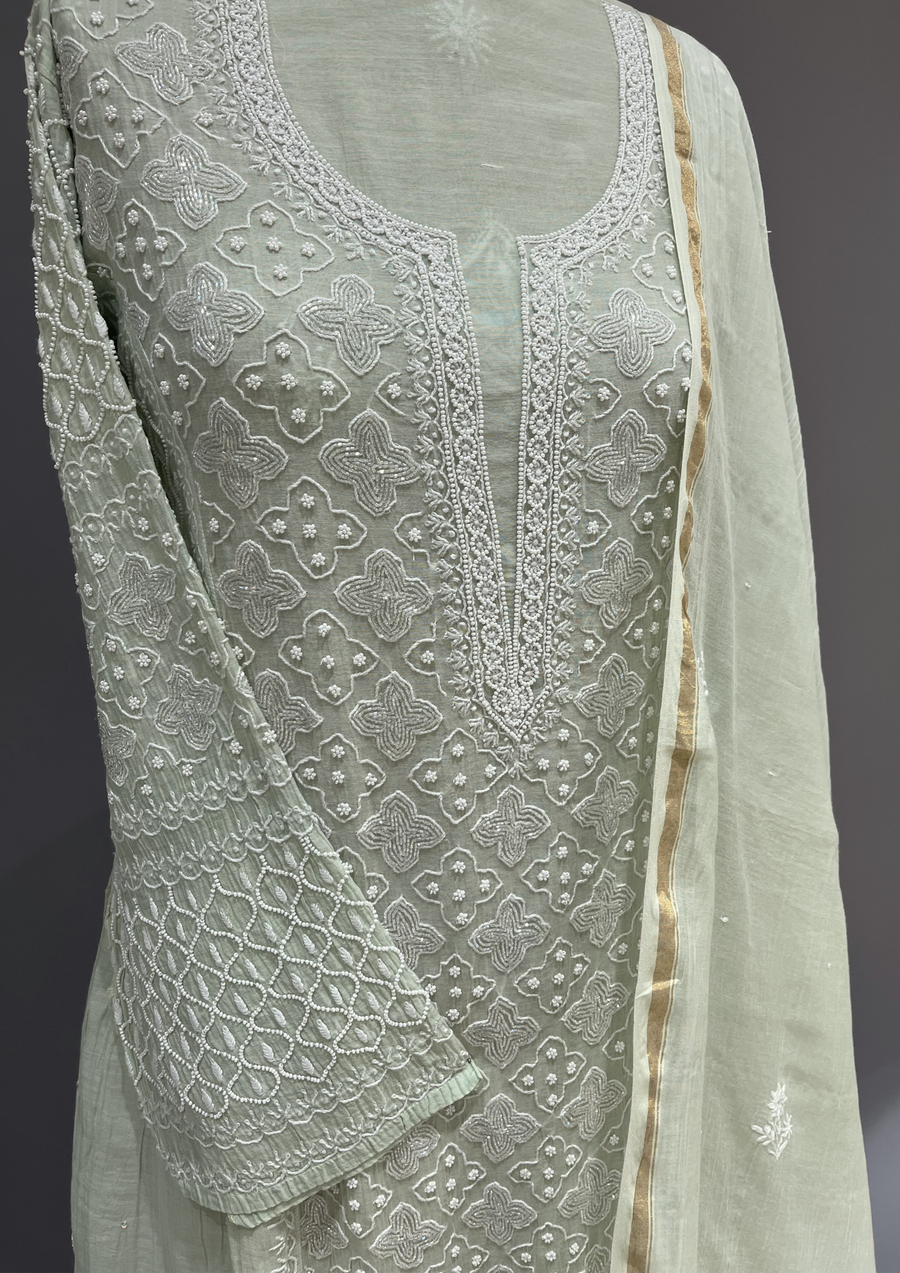 Chikankari Mul Chanderi A-Line Kurta and Dupatta - Pastel Green