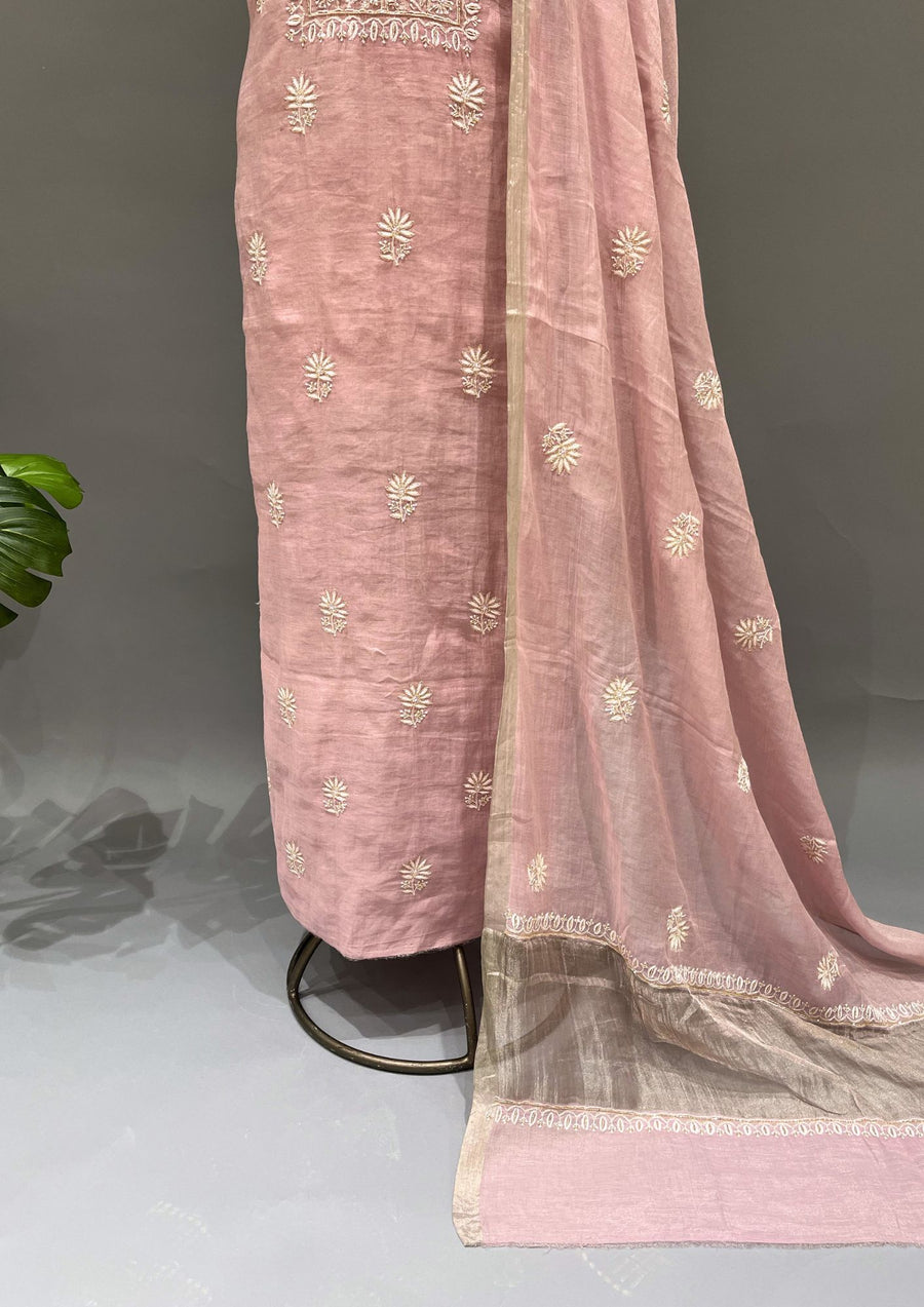 Tissue Chikankari Unstitch 2pc Suit - Mauvish Pink