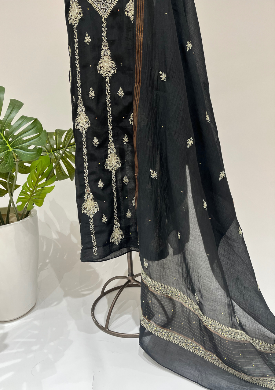 Mul Chanderi Chikankari Unstitched Suit - Black