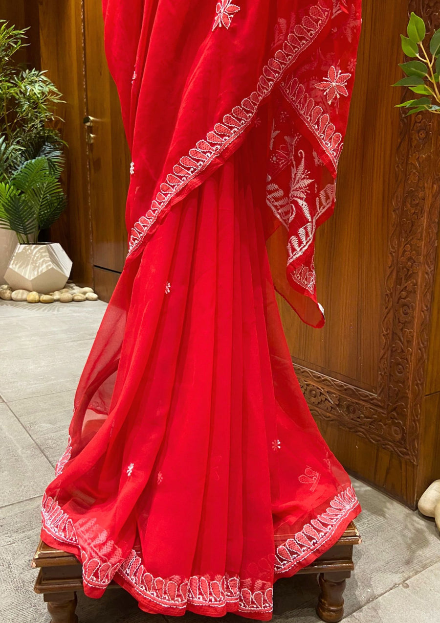 Chikan Saree Georgette - Red