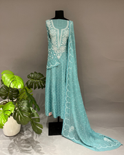 Mul Chanderi Chikankari Suit Set - Cyan Blue