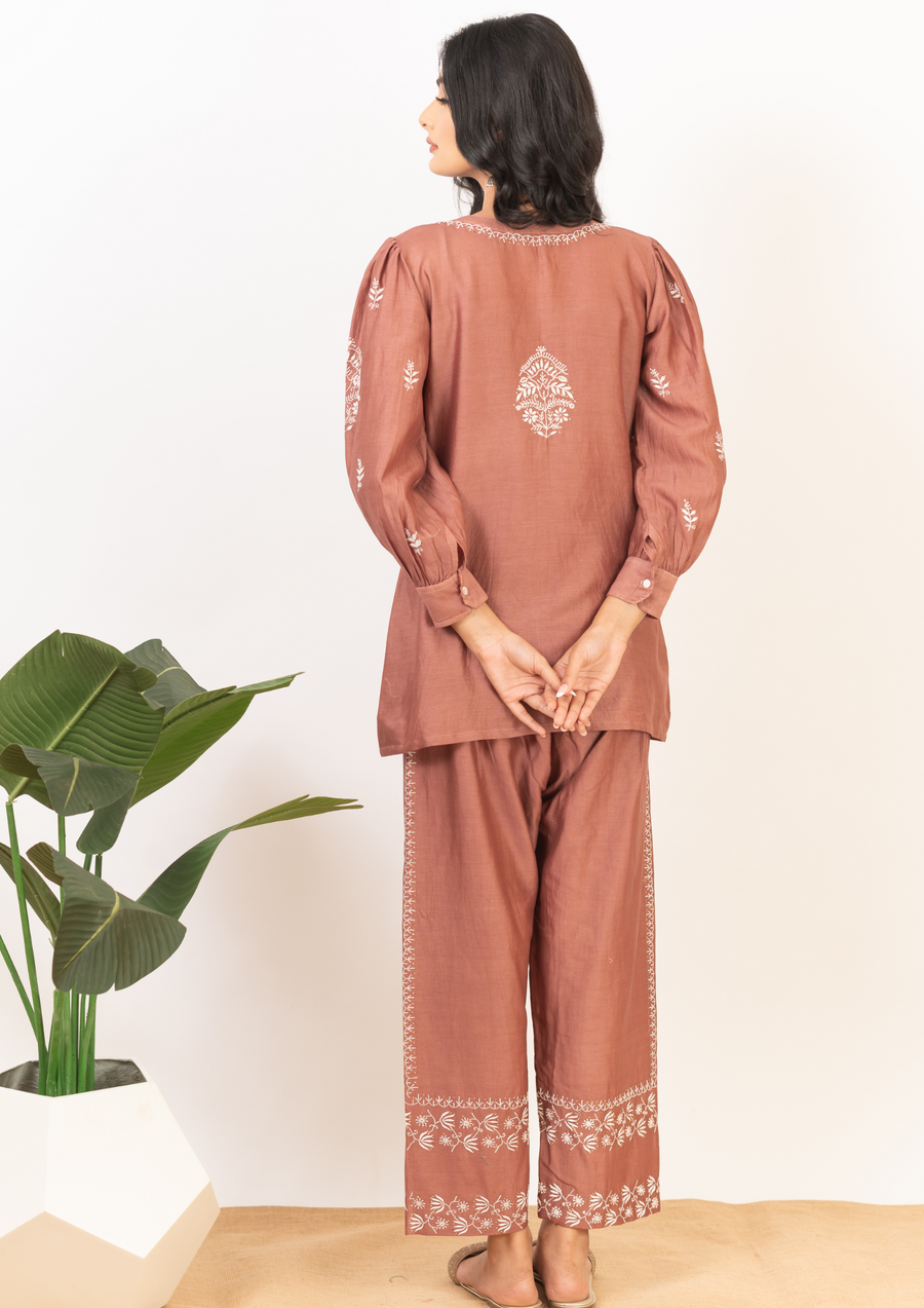 Chanderi chikankari coord set - Caramel brown