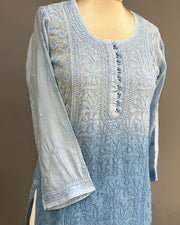 Muslin Chikankari Short Kurti - Periwrinkle Blue Ombre
