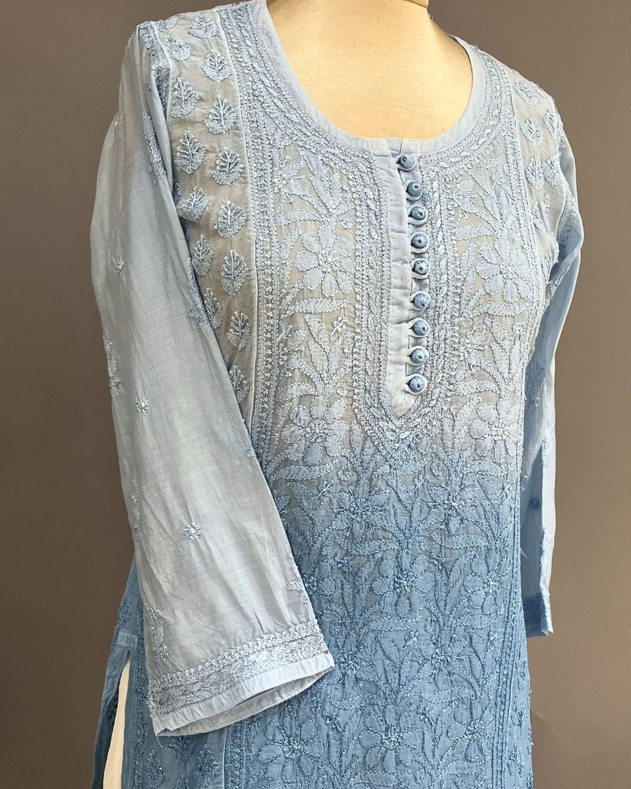 Muslin Chikankari Short Kurti - Periwrinkle Blue Ombre