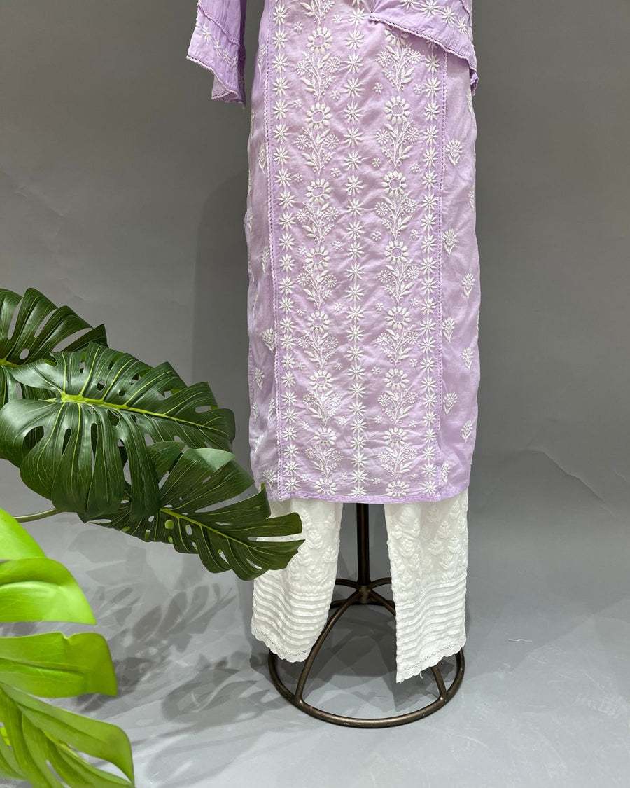 Mul Cotton Chikankari Long Kurti - Lavender