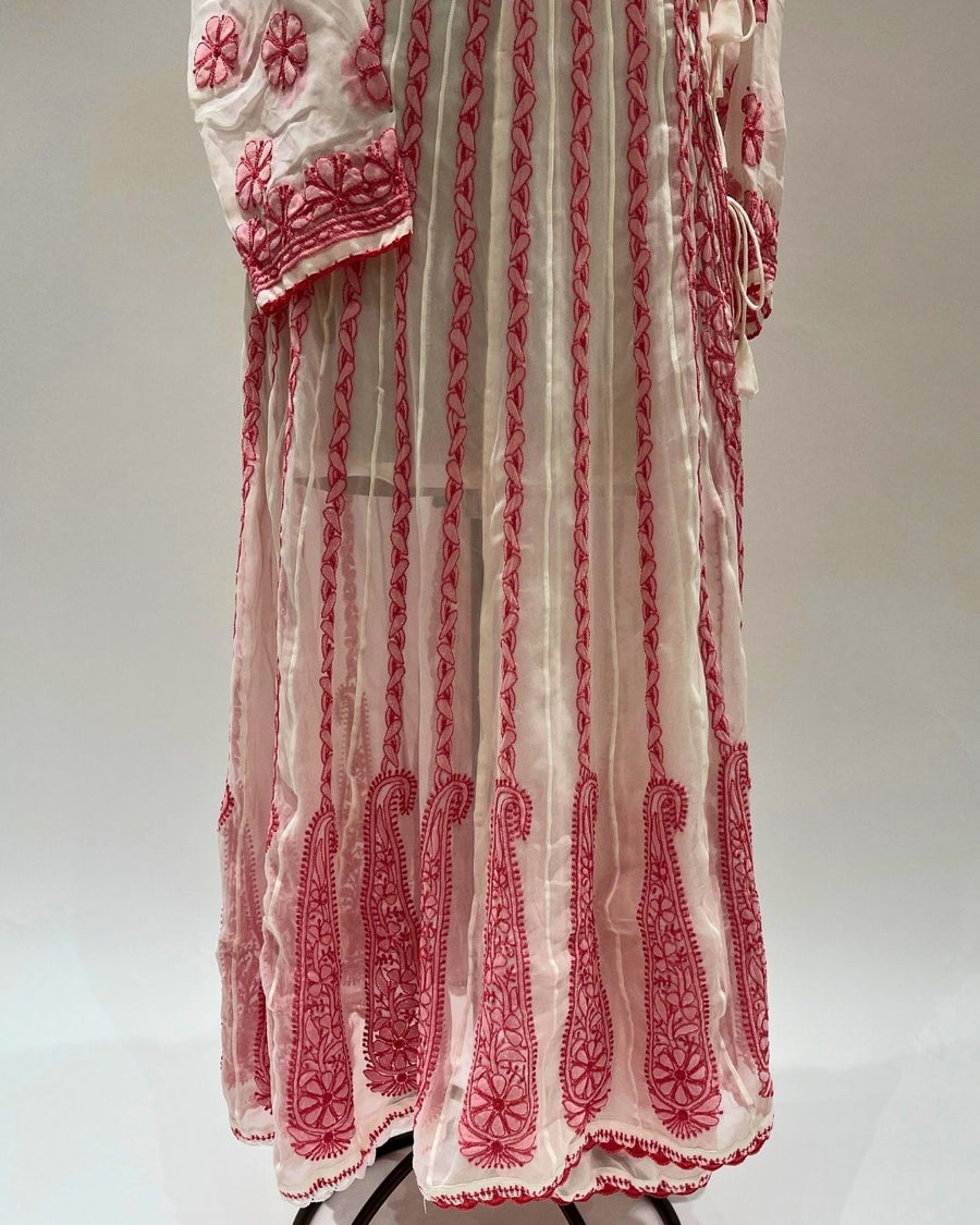 Georgette Anarkali Chikankari Kurta - White & Red