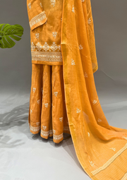 Chikankari Mul Chanderi Sharara Set - Sunset Orange