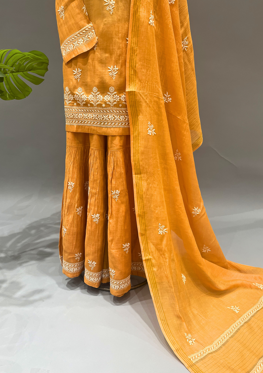 Chikankari Mul Chanderi Sharara Set - Sunset Orange