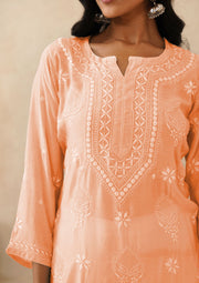 Muslin Chikankari Long Kurti - Peach