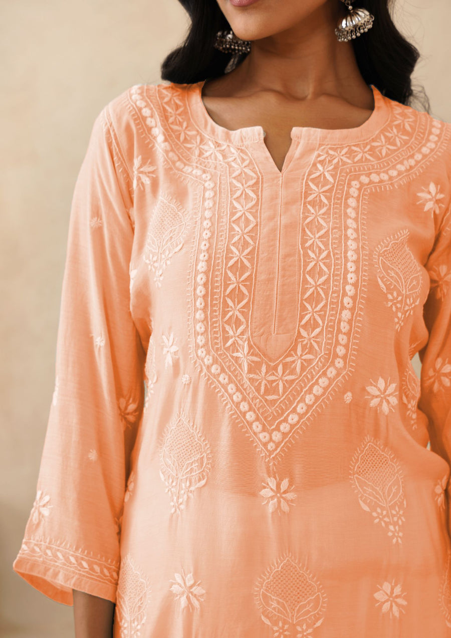 Muslin Chikankari Long Kurti - Peach