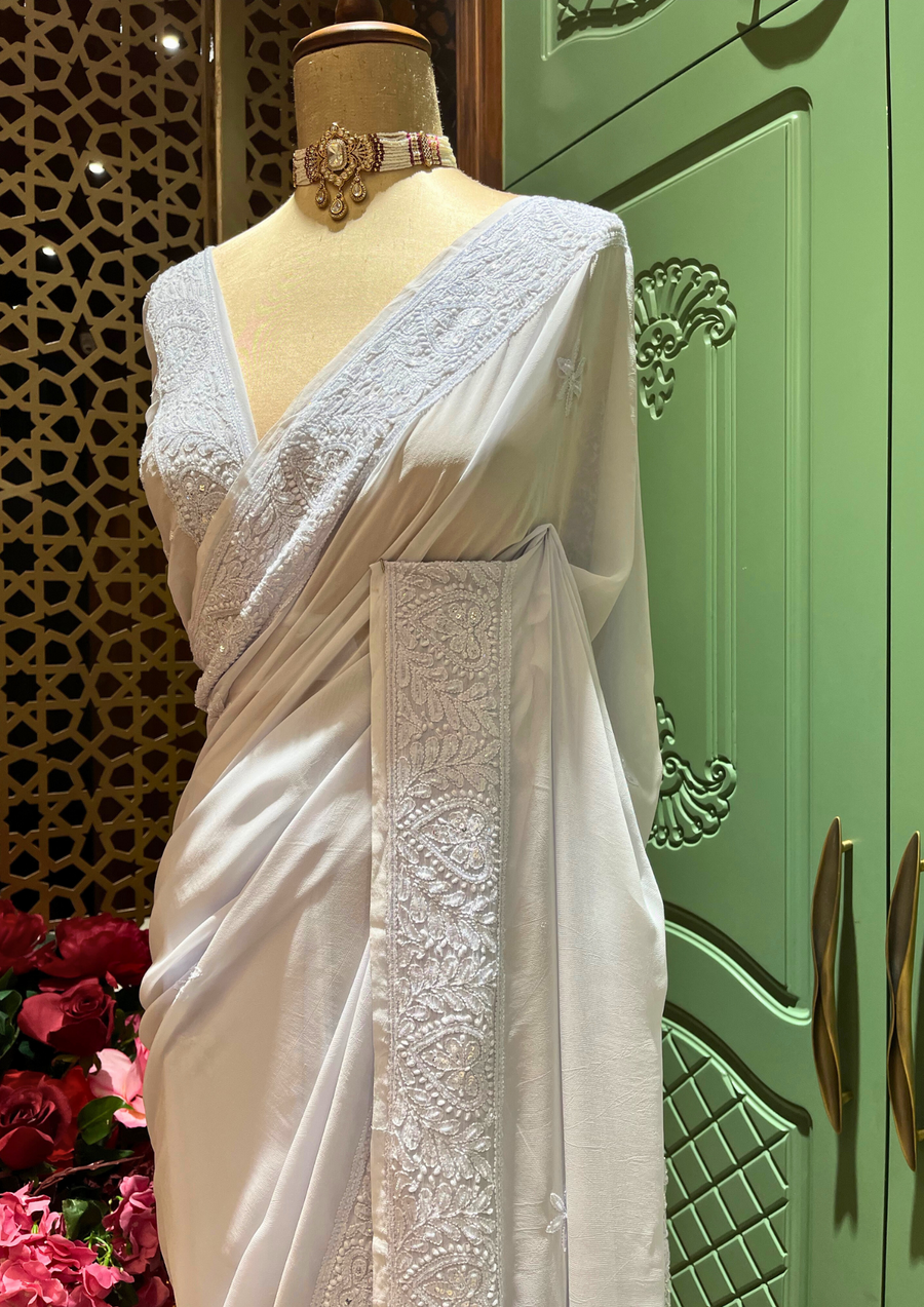 Chikankari Vescose Saree - Ice Blue