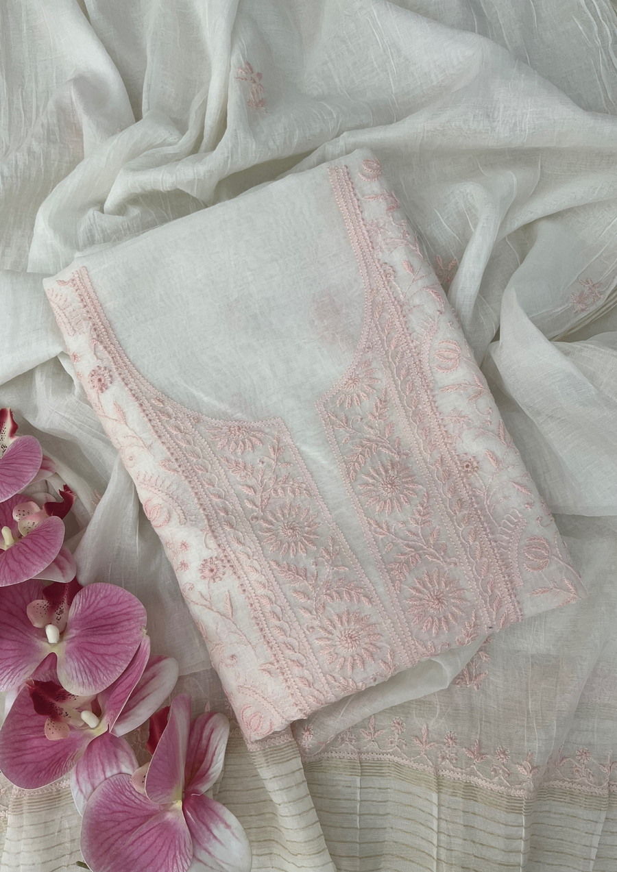 Chikankari Mul Chanderi Unstitched 2Pc Suit - White and Peach